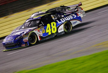 CONCORD, NC - OCTOBER 17:  Jimmie Johnson, driver of the #48 Lowe's Chevrolet, races Jeff Gordon, driver of the #24 DuPont/Transformers Chevrolet, during the closing laps of the NASCAR Sprint Cup Series NASCAR Banking 500 at Lowe's Motor Speedway on October 17, 2009 in Concord, North Carolina.  (Photo by Geoff Burke/Getty Images for NASCAR)