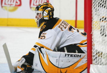 DALLAS - OCTOBER 5:  Manny Fernandez #35 of the Boston Bruins looks on during the game against the Dallas Stars at American Airlines Center on October 5, 2007 in Dallas, Texas. (Photo by Ronald Martinez/Getty Images)