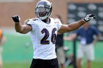 WESTMINSTER, MD - JULY 28:  Dawan Landry #26 of the Baltimore Ravens calls out a play during training camp at McDaniel College on July 28, 2009 in Westminster, Maryland.  (Photo by Greg Fiume/Getty Images)