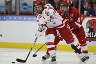 WASHINGTON - APRIL 11: Kevin Shattenkirk #3 of the Boston Terriers tries to keep the puck from Tommy Wingels #9 of the Miami Red Hawks during the NCAA Men's Frozen Four Championship game on April 11, 2009 at the Verizon Center in Washington, DC. The Boston Terriers defeated the Miami Red Hawks 4-3 in overtime to win the national title. (Photo by Elsa/Getty Images)