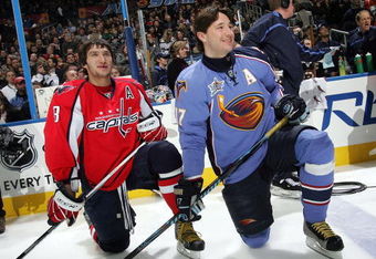 ATLANTA - JANUARY 26:  Eastern Conference All-Star Alex Ovechkin #8 of the Washington Capitals and Ilya Kovalchuk #17 of the Atlanta Thrashers look on during the Dodge/NHL SuperSkills competition as part of the 2008 NHL All-Star weekend at Philips Arena on January 26, 2008 in Atlanta, Georgia.  (Photo by Bruce Bennett/Getty Images)