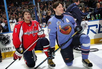 ATLANTA - JANUARY 26:  Eastern Conference All-Star Alex Ovechkin #8 of the Washington Capitals and Ilya Kovalchuk #17 of the Atlanta Thrashers look on during the Dodge/NHL SuperSkills competition as part of the 2008 NHL All-Star weekend at Philips Arena on January 26, 2008 in Atlanta, Georgia.  (Photo by Bruce Bennett/Getty Images)