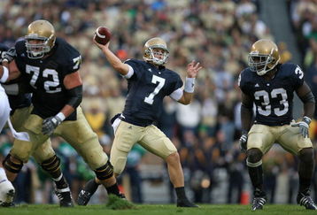 SOUTH BEND, IN - OCTOBER 03: Jimmy Clausen #7 of the Notre Dame Fighting Irish passes the ball as teammates Paul Duncan #72 and Robert Hughes #33 look to block against the Washington Huskies on October 3, 2009 at Notre Dame Stadium in South Bend, Indiana. Notre Dame defeated Washington 37-30 in overtime. (Photo by Jonathan Daniel/Getty Images)