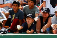 BOSTON - AUGUST 22:  Yankee fans look for autographs durng batting practice prior to the game between the Boston Red Sox and the New York Yankees at Fenway Park on August 22, 2009 in Boston, Massachusetts. (Photo by Jim Rogash/Getty Images)