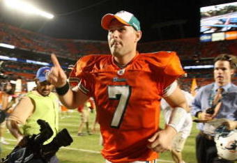 MIAMI - OCTOBER 12:  Quarterback Chad Henne #7 of the Miami Dolphins celebrates as he leaves the field after defeating the New York Jets at Land Shark Stadium on October 12, 2009 in Miami, Florida. The Dolphins defeated the Jets 31-27.  (Photo by Doug Benc/Getty Images)