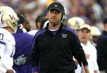 SOUTH BEND, IN - OCTOBER 03: Head coach Steve Sarkisian of the Washington Huskies walks the sidelines during a game against the Notre Dame Fighting Irish on October 3, 2009 at Notre Dame Stadium in South Bend, Indiana. (Photo by Jonathan Daniel/Getty Images)
