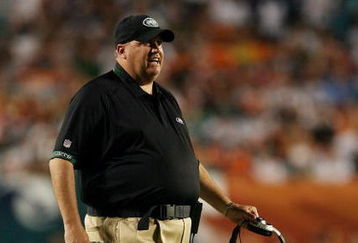 MIAMI - OCTOBER 12:  Head coach Rex Ryan of the New York Jets calls out to his defense while taking on the Miami Dolphins at Land Shark Stadium on October 12, 2009 in Miami, Florida.  (Photo by Doug Benc/Getty Images)