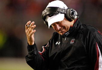 TUSCALOOSA - OCTOBER 17:  Head coach Steve Spurrier of the South Carolina Gamecocks reacts to a call during the game against the Alabama Crimson Tide at Bryant-Denny Stadium on October 17, 2009 in Tuscaloosa, Alabama. The Crimson Tide beat the Gamecocks 20-6.  (Photo by Mike Zarrilli/Getty Images)