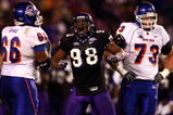 SAN DIEGO, CA - DECEMBER 23:  Defensive End Jerry Hughes #98 of the TCU Horned Frogs celebrates his sack Quarterback Kellen Moore #11 of Boise State Broncos during Frogs' 17-16 win over the Broncos in the San Diego County Credit Union Poinsettia Bowl at Qualcomm Stadium on December 23, 2008 in San Diego, California. (Photo by Donald Miralle/Getty Images)