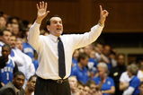 DURHAM, NC - FEBRUARY 22:  Head coach Mike Krzyzewski of the Duke Blue Devils yells to his team against the Wake Forest Demon Deacons during their game at Cameron Indoor Stadium on February 22, 2009 in Durham, North Carolina.  (Photo by Streeter Lecka/Getty Images)