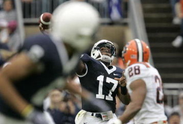 STATE COLLEGE, PA - SEPTEMBER 12:  Quarterback Daryll Clark #17 of the Penn State Nittany Lions throws a pass against corner back Nico Scott #28 of the Syracuse Orangemen during the first half at Beaver Stadium  September 12, 2009 in State College, Pennsylvania. (Photo by Chris Gardner/Getty Images)