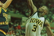 15 Mar 1996:   Kenyon Murray of the Iowa Hawkeyes challenges Vaughn Jones of the George Washington Colonials during the Hawkeyes 81-79 NCAA West Regional Tournament victory over the Colonials in Tempe, Arizona.  Mandatory Credit: Jed Jacobsohn/ALLSPORT