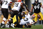 PITTSBURGH, PA - OCTOBER 18: Derek Anderson #3 of the Cleveland Browns fumbles the football after being sacked by James Farrior #51 of the Pittsburgh Steelers at Heinz Field on October 18, 2009 in Pittsburgh, Pennsylvania. The Steelers defeated the Browns 27-14. (Photo by Joe Robbins/Getty Images)