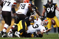 PITTSBURGH, PA - OCTOBER 18: Derek Anderson #3 of the Cleveland Browns fumbles the football after being sacked by James Farrior #51 of the Pittsburgh Steelers at Heinz Field on October 18, 2009 in Pittsburgh, Pennsylvania. The Steelers defeated the Browns 27-14. (Photo by Joe Robbins/Getty Images)