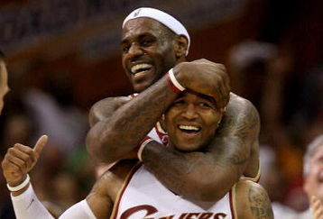 CLEVELAND - MAY 20:  Mo Williams #2 and LeBron James #23 of the Cleveland Cavaliers celebrate after Williams made a three pointer at the end of the first half against the Orlando Magic in Game One of the Eastern Conference Finals during the 2009 Playoffs at Quicken Loans Arena on May 20, 2009 in Cleveland, Ohio. NOTE TO USER: User expressly acknowledges and agrees that, by downloading and or using this photograph, User is consenting to the terms and conditions of the Getty Images License Agreement  (Photo by Elsa/Getty Images)