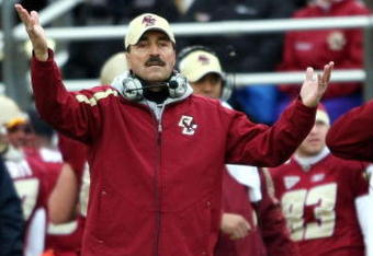 CHESTNUT HILL, MA - OCTOBER 17:  Head coach Frank Spaziani of the Boston College Eagles reacts after he thought a call should have been made against  the North Carolina State Wolf Pack in the first half on October 17, 2009 at Alumni Stadium in Chestnut Hill, Massachusetts.  (Photo by Elsa/Getty Images)