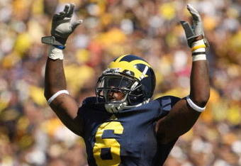 ANN ARBOR, MI - SEPTEMBER 19:  Cornerback Donovan Warren #6 of the Michigan Wolverines exhorts the crowd in the game with the Eastern Michigan Eagles at Michigan Stadium on September 19, 2009 in Ann Arbor, Michigan.  Michigan won 45-17.  (Photo by Stephen Dunn/Getty Images)