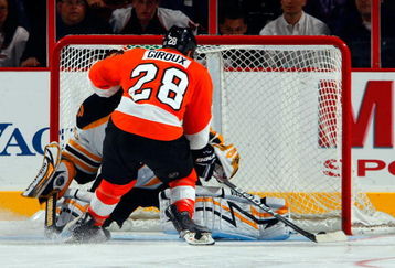 PHILADELPHIA - OCTOBER 22:  Claude Giroux #28 of the Philadelphia Flyers scores the shootout winning goal past Tuukka Rask #40 of the Boston Bruins on October 22, 2009 at Wachovia Center in Philadelphia, Pennsylvania. The Flyers won the game 4-3 after a shootout.  (Photo by Jim McIsaac/Getty Images)