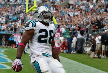 CHARLOTTE, NC - OCTOBER 11:  Jonathan Stewart #28 of the Carolina Panthers celebrates after a game winning touchdown run against the Washington Redskins at Bank of America Stadium on October 11, 2009 in Charlotte, North Carolina.  (Photo by Streeter Lecka/Getty Images)