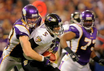 MINNEAPOLIS - OCTOBER 18:  Defensive end Jared Allen #69 of the Minnesota Vikings sacks quarterback Joe Flacco #5 of the Baltimore Ravens in the fourth quarter during NFL action at Hubert H. Humphrey Metrodome on October 18, 2009 in Minneapolis, Minnesota. The Vikings defeated the Ravens 33-31.  (Photo by Doug Pensinger/Getty Images)