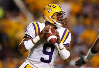 BATON ROUGE, LA - OCTOBER 10:  Quarterback Jordan Jefferson #9 of the Louisiana State University Tigers against the Florida Gators at Tiger Stadium on October 10, 2009 in Baton Rouge, Louisiana.  (Photo by Kevin C. Cox/Getty Images)