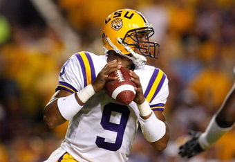 BATON ROUGE, LA - OCTOBER 10:  Quarterback Jordan Jefferson #9 of the Louisiana State University Tigers against the Florida Gators at Tiger Stadium on October 10, 2009 in Baton Rouge, Louisiana.  (Photo by Kevin C. Cox/Getty Images)