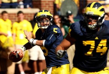 ANN ARBOR, MI - SEPTEMBER 19:  Quarterback Tate Forcier #5 of the Michigan Wolverines throws a pass against the Eastern Michigan Eagles at Michigan Stadium on September 19, 2009 in Ann Arbor, Michigan.   Michigan won 45-17.  (Photo by Stephen Dunn/Getty Images)
