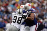 ORCHARD PARK, NY - SEPTEMBER 21:  Langston Walker #68 of the Buffalo Bills blocks Jay Richardson #98 of the Oakland Raiders during the game on September 21, 2008 at Ralph Wilson Stadium in Orchard Park, New York. (Photo by Rick Stewart/Getty Images)