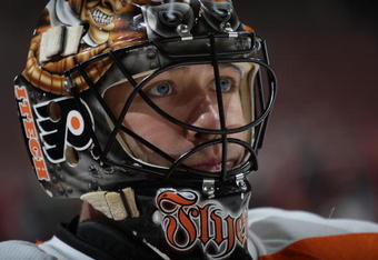 PHILADELPHIA - OCTOBER 08:  Brian Boucher #33 of the Philadelphia Flyers pauses during warmups prior to his game against the Pittsburgh Penguins at the Wachovia Center on October 8, 2009 in Philadelphia, Pennsylvania. (Photo by Bruce Bennett/Getty Images)