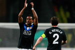 MOSCOW, RUSSIA - OCTOBER 21: Nani and Gary Neville of Manchester United FC celebrate after their victory over CSKA Moscow after the UEFA Champions League group B match between CSKA Moscow and Manchester United at the Pat Luzhniki Stadium on October 21, 2009 in Moscow, Russia.  (Photo by Dmitry Korotayev/Epsilon/Getty Images)