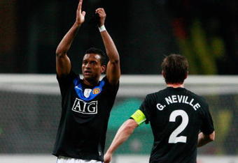 MOSCOW, RUSSIA - OCTOBER 21: Nani and Gary Neville of Manchester United FC celebrate after their victory over CSKA Moscow after the UEFA Champions League group B match between CSKA Moscow and Manchester United at the Pat Luzhniki Stadium on October 21, 2009 in Moscow, Russia.  (Photo by Dmitry Korotayev/Epsilon/Getty Images)