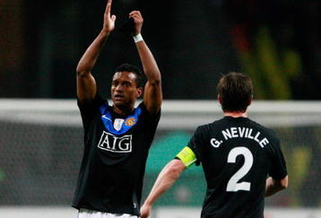 MOSCOW, RUSSIA - OCTOBER 21: Nani and Gary Neville of Manchester United FC celebrate after their victory over CSKA Moscow after the UEFA Champions League group B match between CSKA Moscow and Manchester United at the Pat Luzhniki Stadium on October 21, 2009 in Moscow, Russia.  (Photo by Dmitry Korotayev/Epsilon/Getty Images)