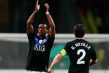 MOSCOW, RUSSIA - OCTOBER 21: Nani and Gary Neville of Manchester United FC celebrate after their victory over CSKA Moscow after the UEFA Champions League group B match between CSKA Moscow and Manchester United at the Pat Luzhniki Stadium on October 21, 2009 in Moscow, Russia.  (Photo by Dmitry Korotayev/Epsilon/Getty Images)
