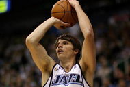 SALT LAKE CITY - APRIL 25:  Kyle Korver #26 of the Utah Jazz shoots in Game Four of the Western Conference Quarterfinals against the Los Angeles Lakers during the 2009 NBA Playoffs at Energy Solutions Arena on April 25, 2009 in Salt Lake City, Utah.  The Lakers won 108-94.  NOTE TO USER: User expressly acknowledges and agrees that, by downloading and/or using this Photograph, user is consenting to the terms and conditions of the Getty Images License Agreement.  (Photo by Otto Greule Jr/Getty Images)  