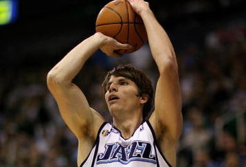 SALT LAKE CITY - APRIL 25:  Kyle Korver #26 of the Utah Jazz shoots in Game Four of the Western Conference Quarterfinals against the Los Angeles Lakers during the 2009 NBA Playoffs at Energy Solutions Arena on April 25, 2009 in Salt Lake City, Utah.  The Lakers won 108-94.  NOTE TO USER: User expressly acknowledges and agrees that, by downloading and/or using this Photograph, user is consenting to the terms and conditions of the Getty Images License Agreement.  (Photo by Otto Greule Jr/Getty Images)  