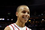 CHARLOTTE, NC - DECEMBER 06:  Stephen Curry #30 of the Davidson Wildcats reacts to his team's 72-67 victory over the North Carolina State Wolfpack during their game at Time Warner Cable Arena on December 6, 2008 in Charlotte, North Carolina.  (Photo by Streeter Lecka/Getty Images)