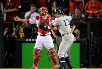 ANAHEIM, CA - OCTOBER 22:  Alex Rodriguez #13 of the New York Yankees is intentionally walked as Jeff Mathis #5 of the Los Angeles Angels of Anaheim calls the play in the ninth inning of Game Five of the ALCS during the 2009 MLB Playoffs at Angel Stadium on October 22, 2009 in Anaheim, California.  The Angels defeated the Yankees 7-6.  (Photo by Jeff Gross/Getty Images)