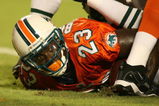 MIAMI - OCTOBER 12:  Running back Ronnie Brown #23 of the Miami Dolphins scores a touchdown against the New York Jets fans prior to their game at Land Shark Stadium on October 12, 2009 in Miami, Florida. Miami defeated New York 31-27.  (Photo by Marc Serota/Getty Images)