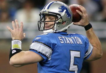 DETROIT - NOVEMBER 23:  Quarterback Drew Stanton #5 of the Detroit Lions drops back to pass against the Tampa Bay Buccaneers during the NFL game at Ford Field on November 23, 2008 in Detroit, Michigan.  The Buccaneers defeated the Lions 38-20.  (Photo by Christian Petersen/Getty Images)