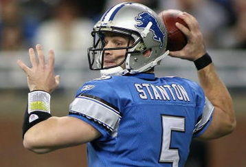 DETROIT - NOVEMBER 23:  Quarterback Drew Stanton #5 of the Detroit Lions drops back to pass against the Tampa Bay Buccaneers during the NFL game at Ford Field on November 23, 2008 in Detroit, Michigan.  The Buccaneers defeated the Lions 38-20.  (Photo by Christian Petersen/Getty Images)
