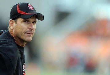 CORVALLIS, OR - OCTOBER 10: Head coach Jim Harbaugh of the Stanford Cardinals looks out at the action on the field in the third quarter of the game against the Oregon State Beavers at Reser Stadium on October 10, 2009 in Corvallis, Oregon. (Photo by Steve Dykes/Getty Images)