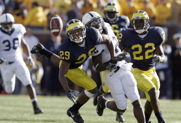 ANN ARBOR, MI - OCTOBER 15:  Derrick Williams #2 of Penn State has a pass attempt broken up by Leon Hall #29 of Michigan during the second quarter on October 15, 2005 at Michigan Stadium in Ann Arbor, Michigan.  (Photo by Tom Pidgeon/Getty Images)