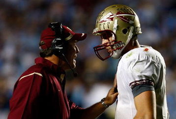 CHAPEL HILL, NC - OCTOBER 22:  Florida State Seminoles Offensive Coordinator Jimbo Fisher speaks with his quarterback Christian Ponder #7 during their game against the North Carolina Tar Heels at Kenan Stadium on October 22, 2009 in Chapel Hill, North Carolina.  (Photo by Scott Halleran/Getty Images)