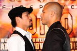 BEVERLY HILLS, CA - SEPTEMBER 14:  Manny Pacquiao and  Miguel Cotto pose for pictures during the press conference at the Beverly Hills Hotel on September 14, 2009 in Beverly Hills, California.  (Photo by Jacob de Golish/Getty Images)