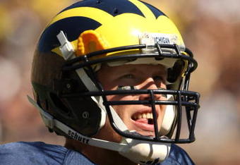 ANN ARBOR, MI - SEPTEMBER 19:  Quarterback Tate Forcier #5 of the Michigan Wolverines looks on in the game against the Eastern Michigan Eagles at Michigan Stadium on September 19, 2009 in Ann Arbor, Michigan.  Michigan won 45-17.  (Photo by Stephen Dunn/Getty Images)