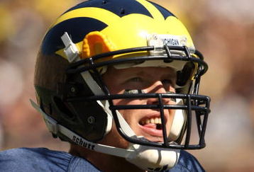 ANN ARBOR, MI - SEPTEMBER 19:  Quarterback Tate Forcier #5 of the Michigan Wolverines looks on in the game against the Eastern Michigan Eagles at Michigan Stadium on September 19, 2009 in Ann Arbor, Michigan.  Michigan won 45-17.  (Photo by Stephen Dunn/Getty Images)