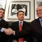 BOSTON - DECEMBER 12: Red Sox CEO/President Larry Lucchino (R) introduces Co-General Managers Ben Cherington (L) and Jed Hoyer December 12, 2005 at a press conference at Fenway Park in Boston, Massachusetts. Both Cherington and Hoyer have been with the Red Sox in other capacities for a number of years, and helped in the latest transitions following the resignation of former GM Theo Epstein. (Photo by Darren McCollester/Getty Images)
