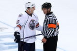 ANAHEIM, CA - OCTOBER 15: Shawn Horcoff #10 of the Edmonton Oilers talks with referee Rob Martell in the game against the Anaheim Ducks on October 15, 2008 at the Honda Center in Anaheim, California. The Oilers won 3-2.  (Photo by Stephen Dunn/Getty Images)
