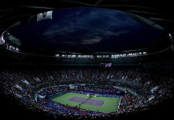 SHANGHAI, CHINA - OCTOBER 18: Rafael Nadal of Spain serves to Nikolay Davydenko of Russia during the final on day eight of the 2009 Shanghai ATP Masters 1000 at Qi Zhong Tennis Centre on October 18, 2009 in Shanghai, China.  (Photo by Matthew Stockman/Getty Images)