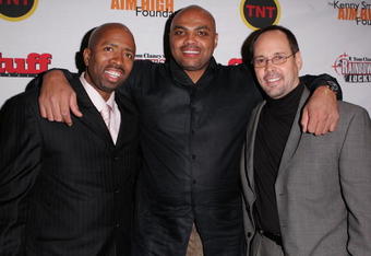 DENVER - FEBRUARY 18:  Kenny Smith, Charles Barkley and guest arrive at Kenny Smith's 2005 All-Star Party on February 18, 2005 in Denver, Colorado.  (Photo By Mark Mainz/Getty Images)